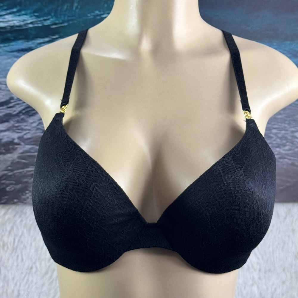 Victoria's Secret Black Logo Jacquard Underwire Bra 36C Gold VS Hardware